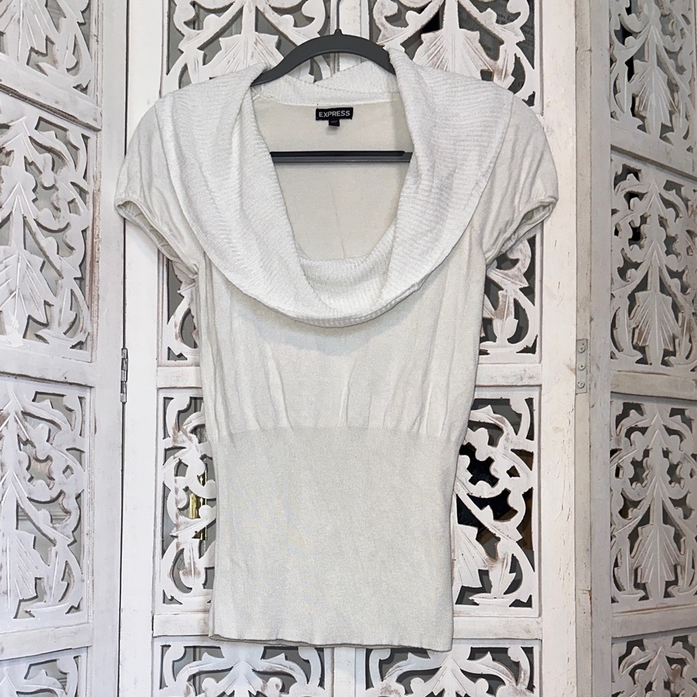 Express Cream Cowl Neck Short Sleeve Sweater Top